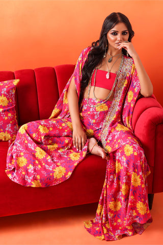 Seema Thukral-Fuscia Pink Printed Cape And Gharara Set-INDIASPOPUP.COM