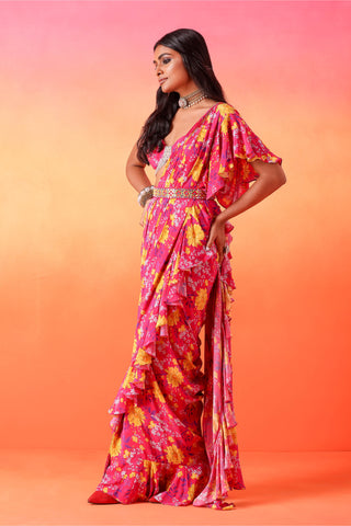 Seema Thukral-Fuschia Pink Printed Ruffle Sari Set-INDIASPOPUP.COM