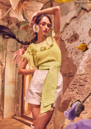 Rosette Lime Green Chiffon Top by Shriya Som available on Indiaspopup.com