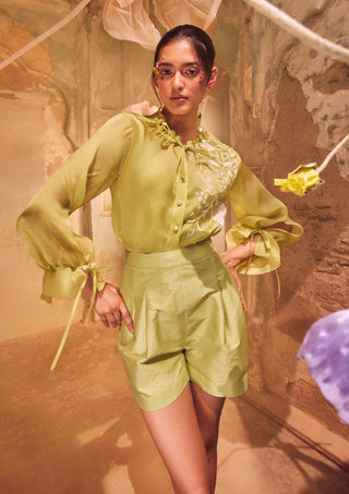 Lime green organza floral shirt with slip