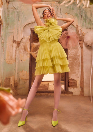 Lime green draped cabbage dress