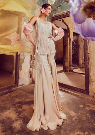 Nude Fringe Tunic And Flared Pants by Shriya Som available on Indiaspopup.com