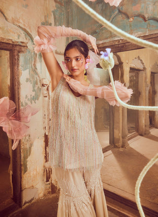 Nude Fringe Tunic And Flared Pants by Shriya Som available on Indiaspopup.com