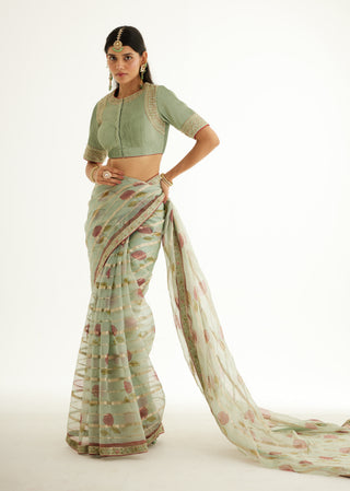 Shyam Narayan Prasad-Smoke Green Zardozi Sari And Blouse-INDIASPOPUP.COM