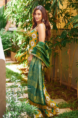 Tara green printed tunic and flared pant set