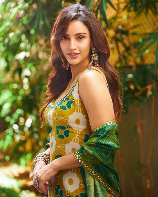 Tara green printed tunic and flared pant set