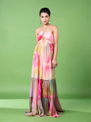 Drizzly Floral Rushed Tier Dress by Siddhartha Bansal, available on Indiaspopup.com