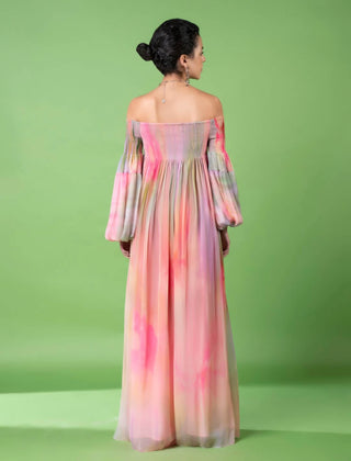 Drizzly Floral Off-Shoulder Dress by Siddhartha Bansal, available on Indiaspopup.com