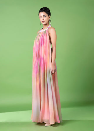 Drizzly Floral Gathered Maxi Dress by Siddhartha Bansal, available on Indiaspopup.com