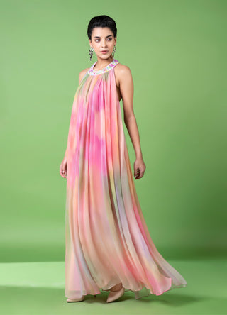 Drizzly Floral Gathered Maxi Dress by Siddhartha Bansal, available on Indiaspopup.com