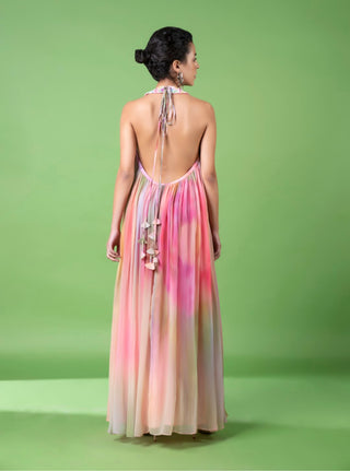 Drizzly Floral Gathered Maxi Dress by Siddhartha Bansal, available on Indiaspopup.com