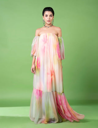 Drizzly Floral Off-Shoulder Tier Dress by Siddhartha Bansal, available on Indiaspopup.com