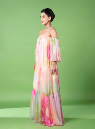 Drizzly Floral Off-Shoulder Tier Dress by Siddhartha Bansal, available on Indiaspopup.com