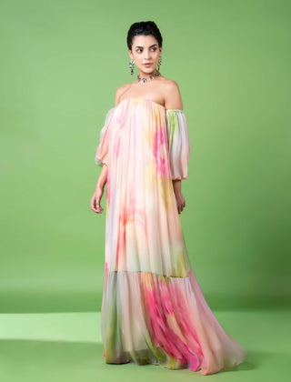 Drizzly Floral Off-Shoulder Tier Dress by Siddhartha Bansal, available on Indiaspopup.com