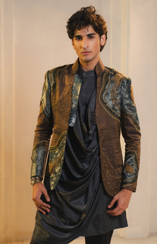 Bronze tissue short jacket and kurta set