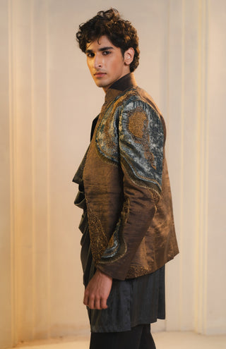 Bronze tissue short jacket and kurta set