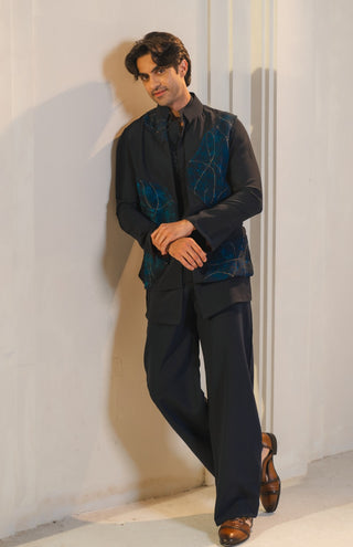 Midnight blue handpaint painted nehru jacket set