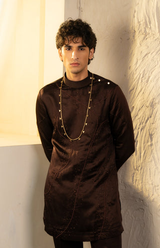 Dark brown linen silk embroidered kurta and pant