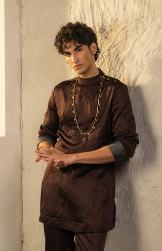 Dark brown linen silk embroidered kurta and pant