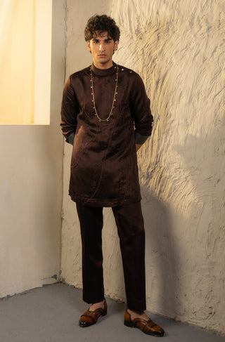 Dark brown linen silk embroidered kurta and pant