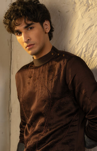 Dark brown linen silk embroidered kurta and pant