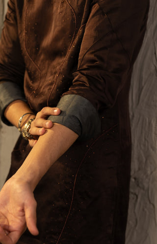 Dark brown linen silk embroidered kurta and pant