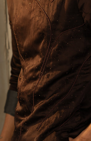 Dark brown linen silk embroidered kurta and pant