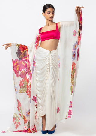 Saaksha & Kinni-Ivory Floral Cape And Skirt Set-INDIASPOPUP.COM