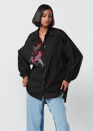 Saaksha & Kinni-Black Oversized Embroidered Shirt-INDIASPOPUP.COM