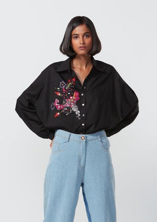 Saaksha & Kinni-Black Oversized Embroidered Shirt-INDIASPOPUP.COM