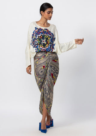 Saaksha & Kinni-White Abstract Blouse With Pleated Skirt-INDIASPOPUP.COM
