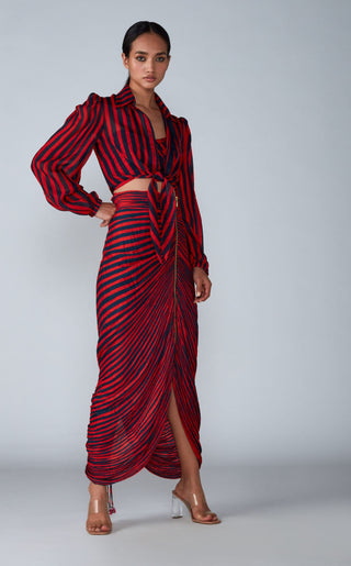 Saaksha & Kinni-Red Navy Print Blouse With Skirt-INDIASPOPUP.COM