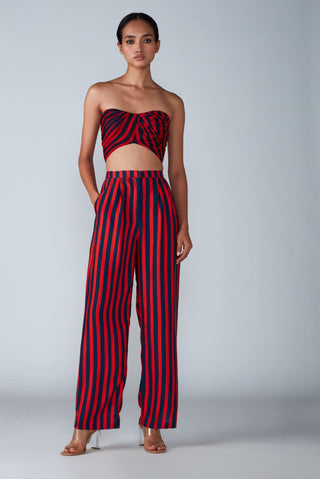 Saaksha & Kinni-Red Navy Stripe Print Bustier With Trousers-INDIASPOPUP.COM