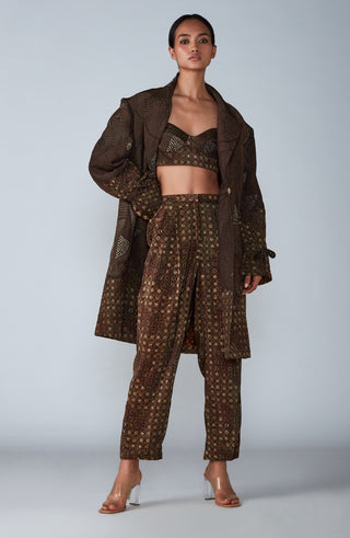 Saaksha & Kinni-Brown Print Coat With Bustier And Trouser-INDIASPOPUP.COM