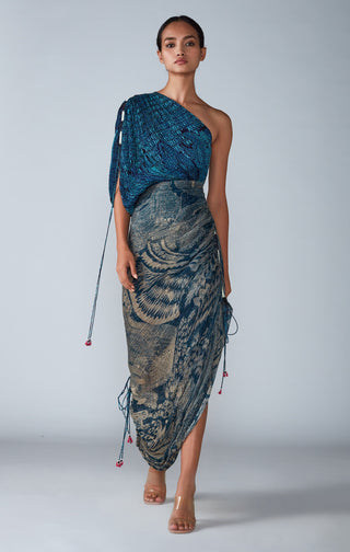 Saaksha & Kinni-Blue Abstract Pleated Saree Dress-INDIASPOPUP.COM