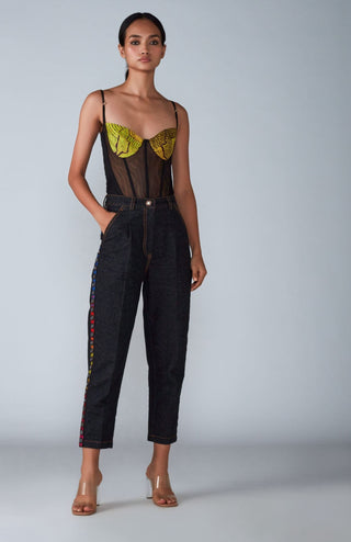 Saaksha & Kinni-Abstract Printed Bodysuit With Denim Jeans-INDIASPOPUP.COM
