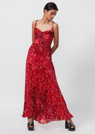Saaksha & Kinni-Red Abstract Floral Pleated Dress-INDIASPOPUP.COM
