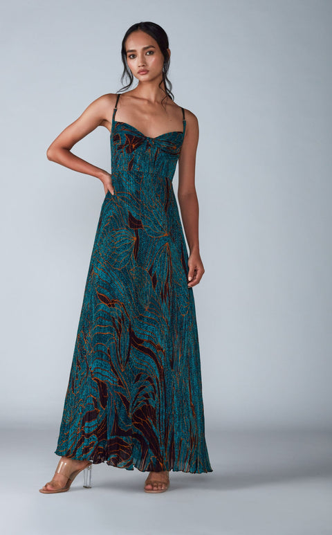 Saaksha & Kinni-Turquoise Pleated Maxi Dress-INDIASPOPUP.COM