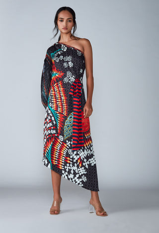 Saaksha & Kinni-Multicolor Abstract One Shoulder Belted Dress-INDIASPOPUP.COM