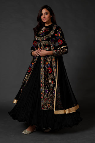 Rohit Bal-Black Silk Velvet Anarkali Set-INDIASPOPUP.COM