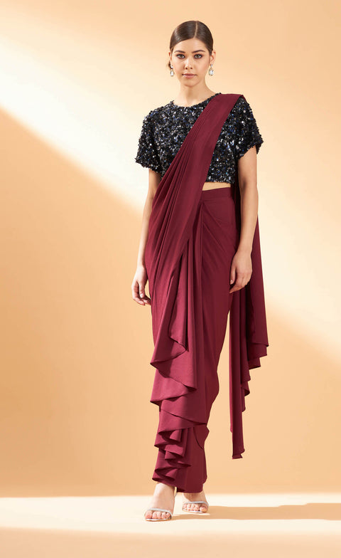 Aakaar-Maroon Crystal Draped Sari With Blouse-INDIASPOPUP.COM