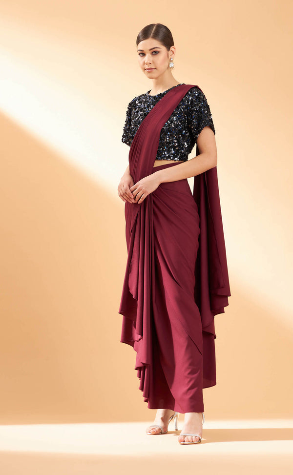 Aakaar-Maroon Crystal Draped Sari With Blouse-INDIASPOPUP.COM