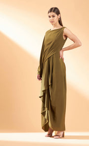 Aakaar-Olive Drape Dress-INDIASPOPUP.COM
