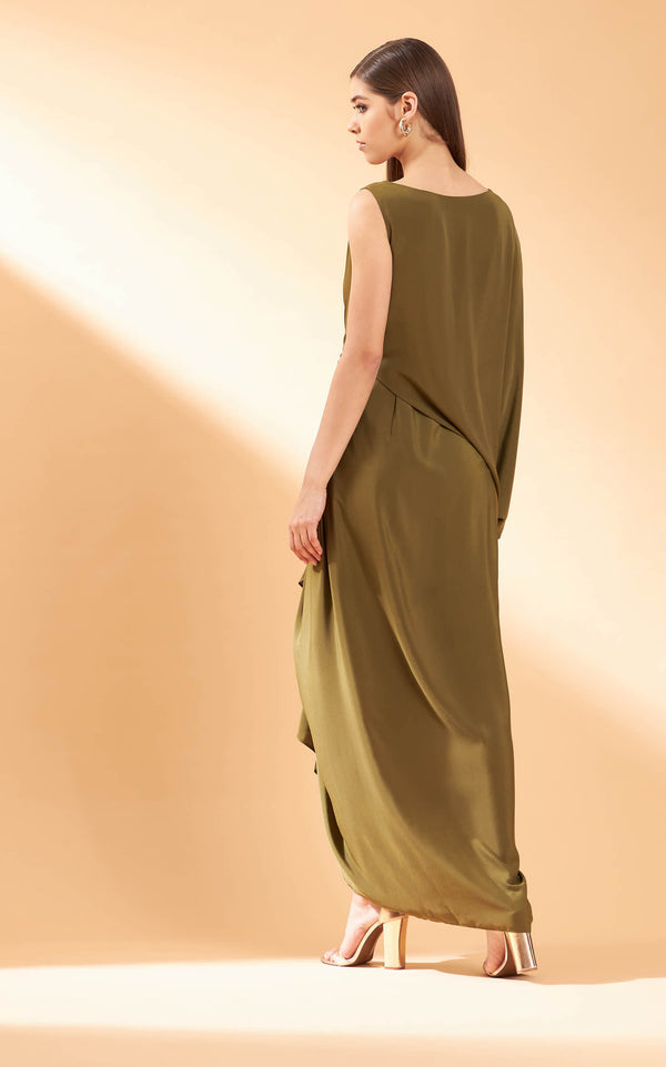 Aakaar-Olive Drape Dress-INDIASPOPUP.COM