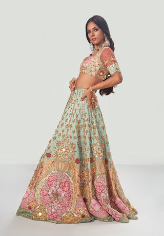 Papa Don'T Preach By Shubhika-Teal Green Embroidered Tulle Lehenga Set-INDIASPOPUP.COM