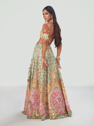Papa Don'T Preach By Shubhika-Teal Green Embroidered Tulle Lehenga Set-INDIASPOPUP.COM