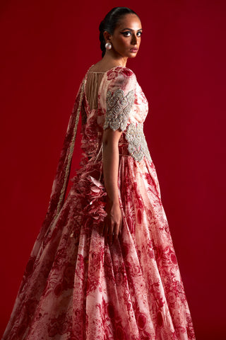 Bhumika Sharma-Champagne Red Blossom Anarkali With Belt-INDIASPOPUP.COM