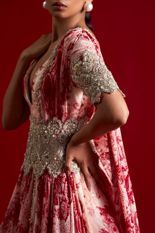 Bhumika Sharma-Champagne Red Blossom Anarkali With Belt-INDIASPOPUP.COM
