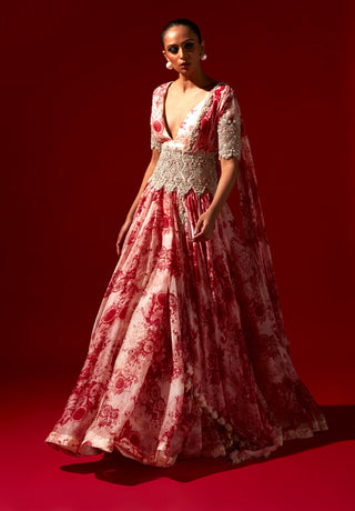 Bhumika Sharma-Champagne Red Blossom Anarkali With Belt-INDIASPOPUP.COM