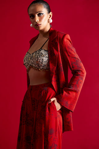 Bhumika Sharma-Red Black Printed Jacket And Pants Set-INDIASPOPUP.COM